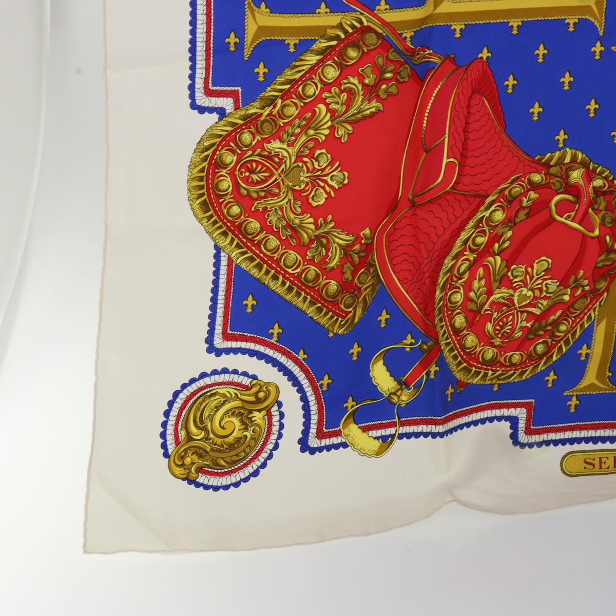 HERMES Carre 90 SELLES A HOUSSE Scarf Silk White Red blue Auth 54052