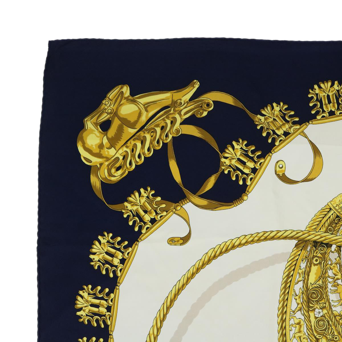 HERMES Carre 90 LES CAVALIERS D'OR Scarf Silk Navy Auth 54055 - 0