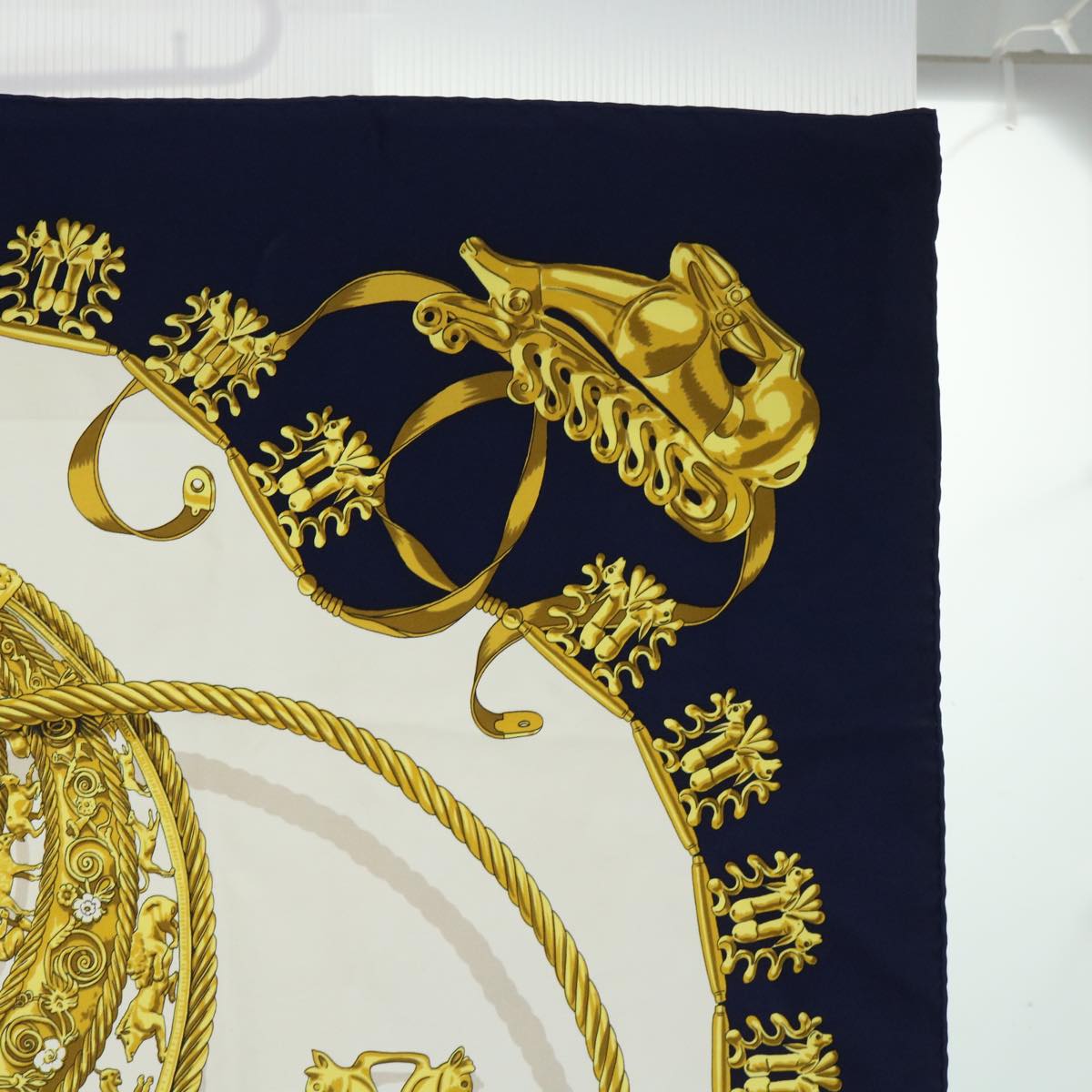 HERMES Carre 90 LES CAVALIERS D'OR Scarf Silk Navy Auth 54055
