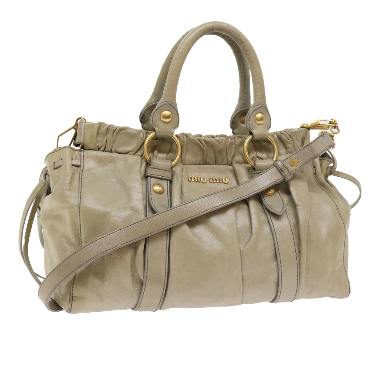 Miu Miu Hand Bag Leather 2way Khaki Auth 54136