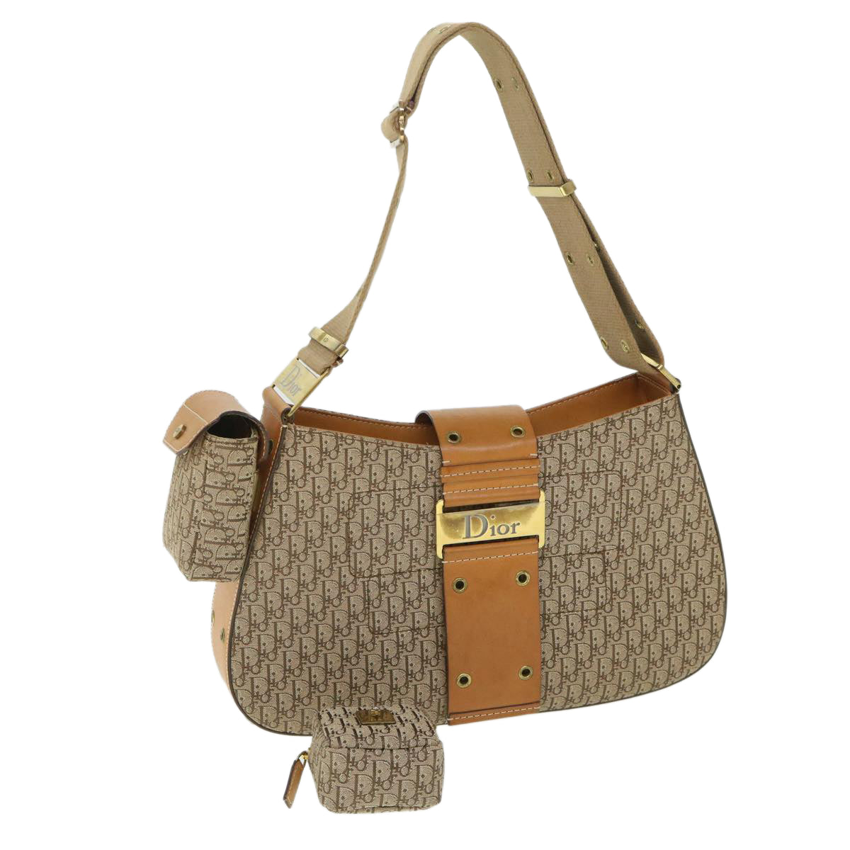 Christian Dior Trotter Canvas Shoulder Bag Beige Auth 54153