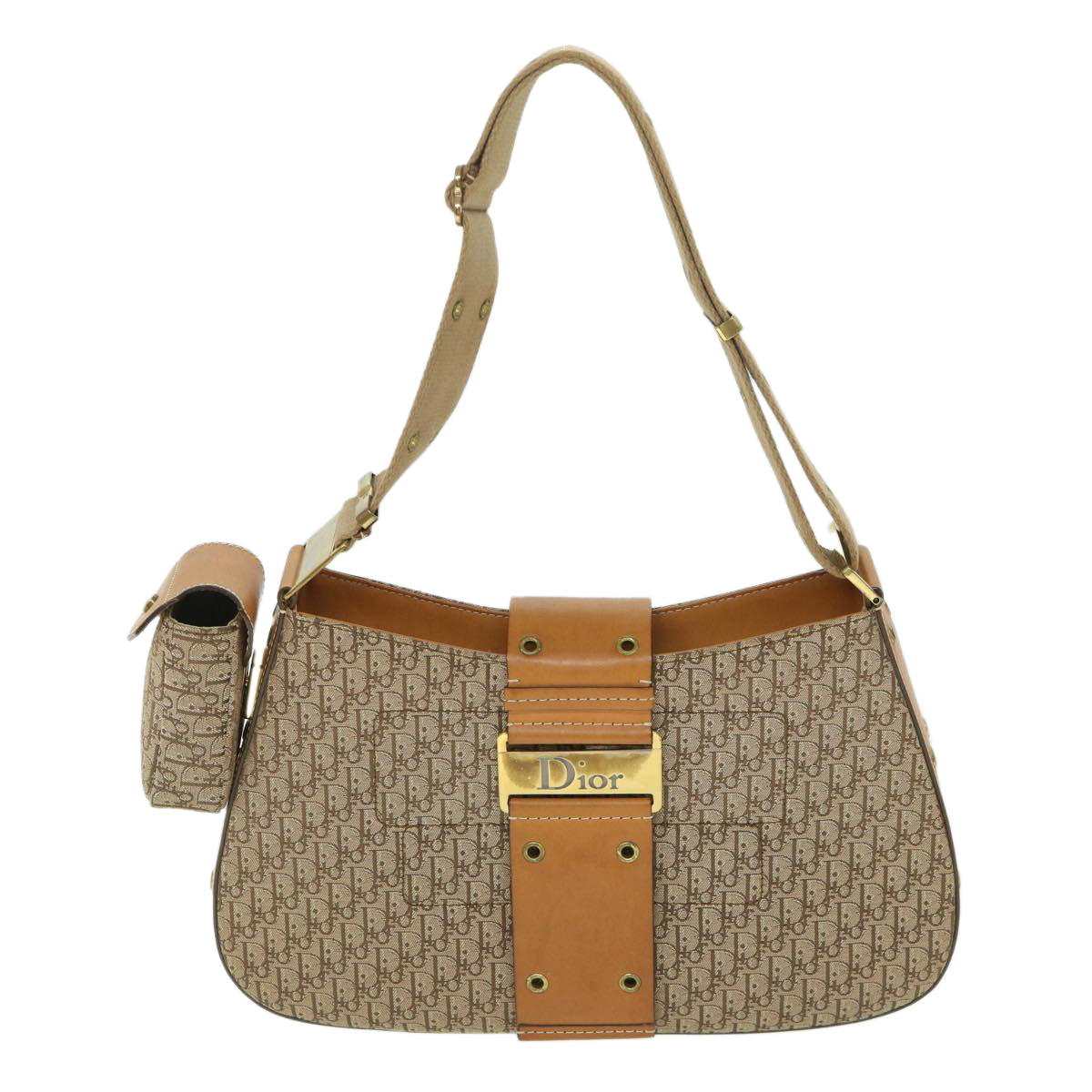 Christian Dior Trotter Canvas Shoulder Bag Beige Auth 54153