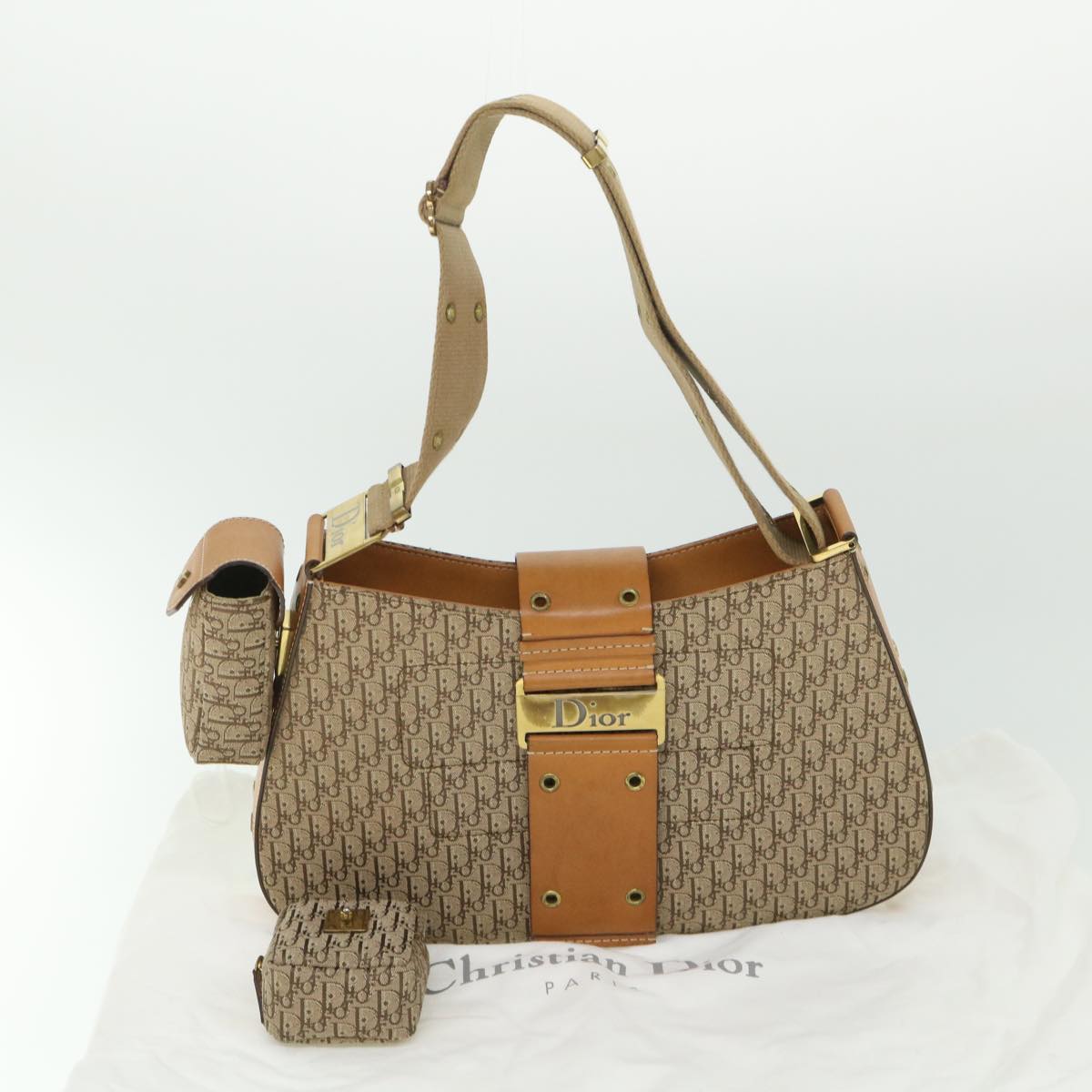 Christian Dior Trotter Canvas Shoulder Bag Beige Auth 54153