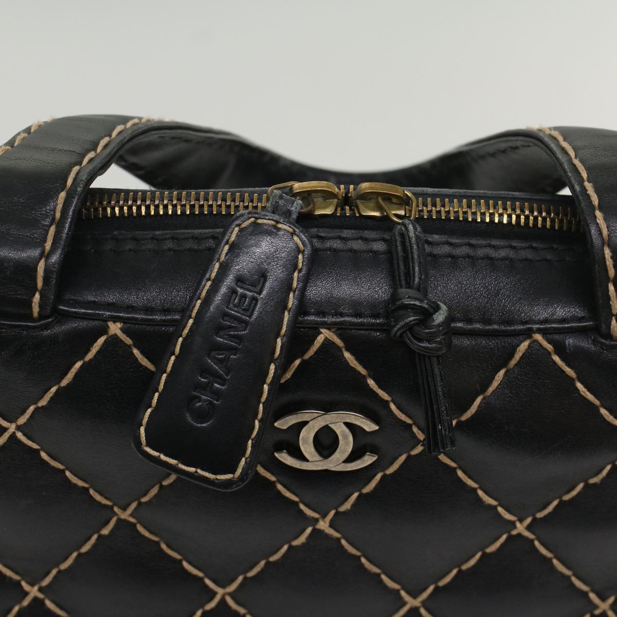 CHANEL Wild Stitch Hand Bag Leather Black CC Auth 54178