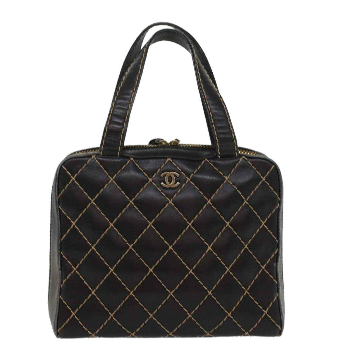 CHANEL Wild Stitch Hand Bag Leather Black CC Auth 54178