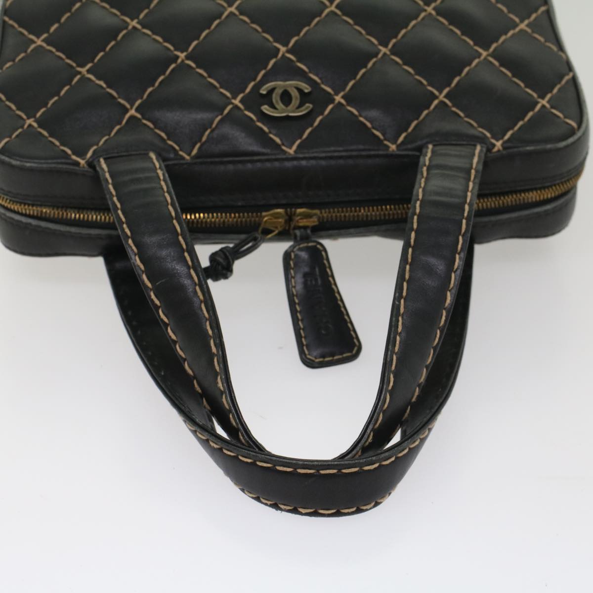 CHANEL Wild Stitch Hand Bag Leather Black CC Auth 54178