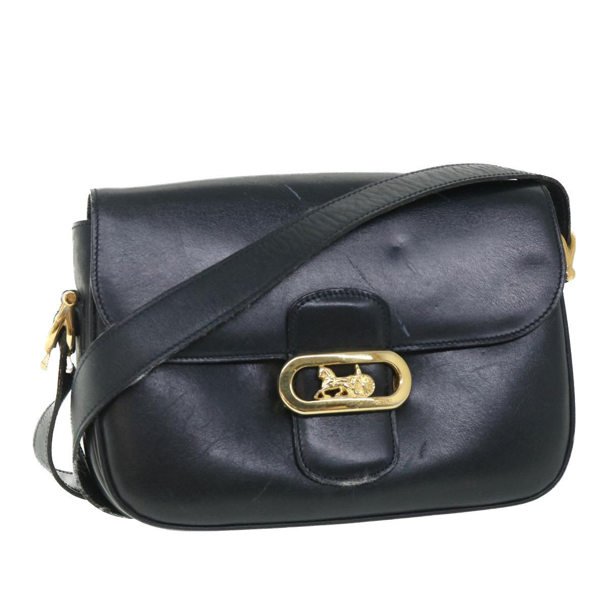 CELINE Shoulder Bag Leather Black Auth 54184