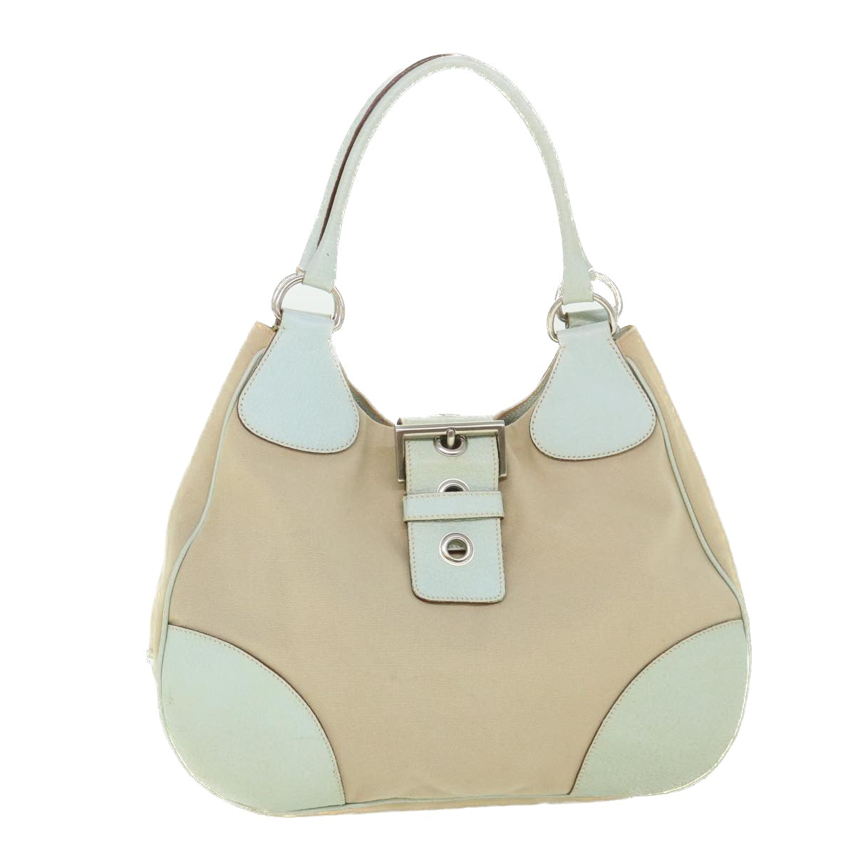 PRADA Hand Bag Canvas Leather Beige Light Blue Auth 54186