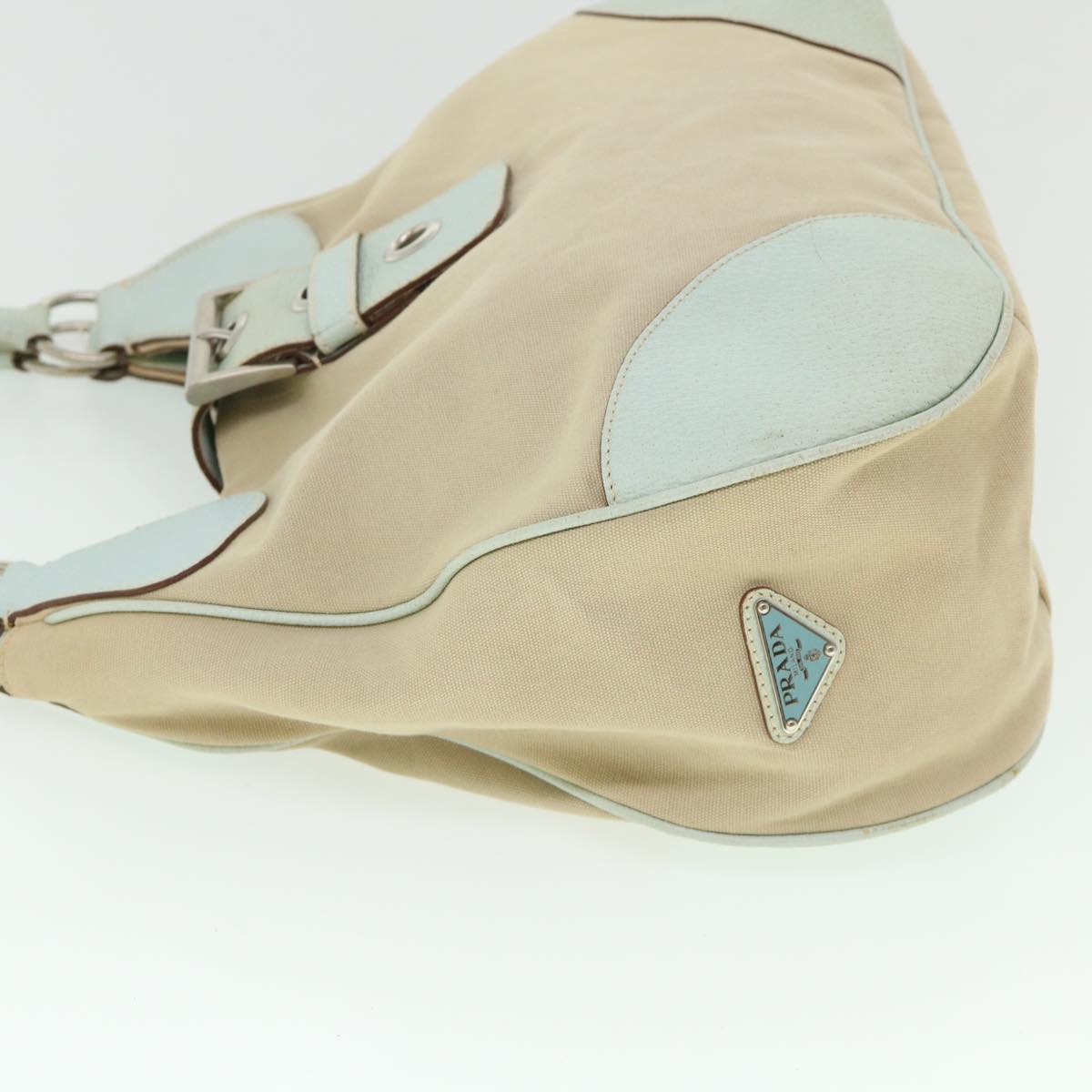 PRADA Hand Bag Canvas Leather Beige Light Blue Auth 54186