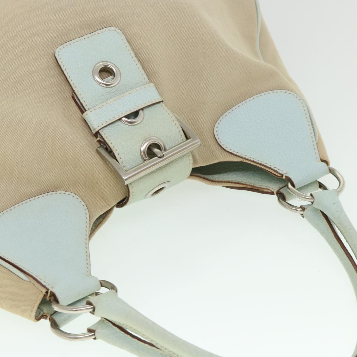 PRADA Hand Bag Canvas Leather Beige Light Blue Auth 54186
