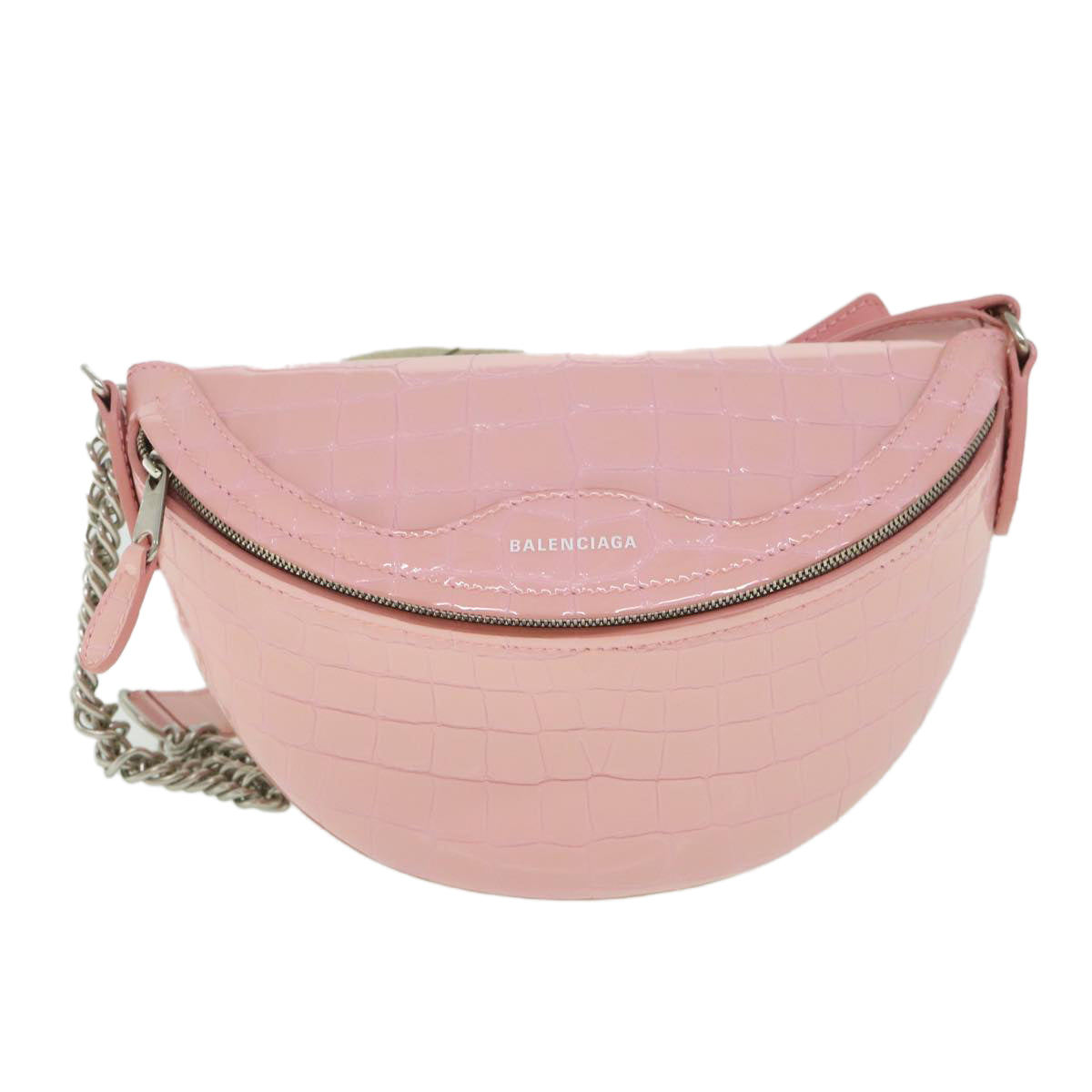 BALENCIAGA Croco Embossed Body Bag Leather Pink Auth 54195