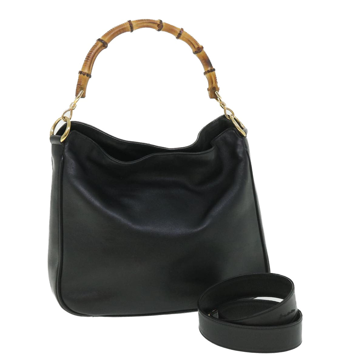 GUCCI Bamboo Shoulder Bag Leather 2way Black Auth 54322