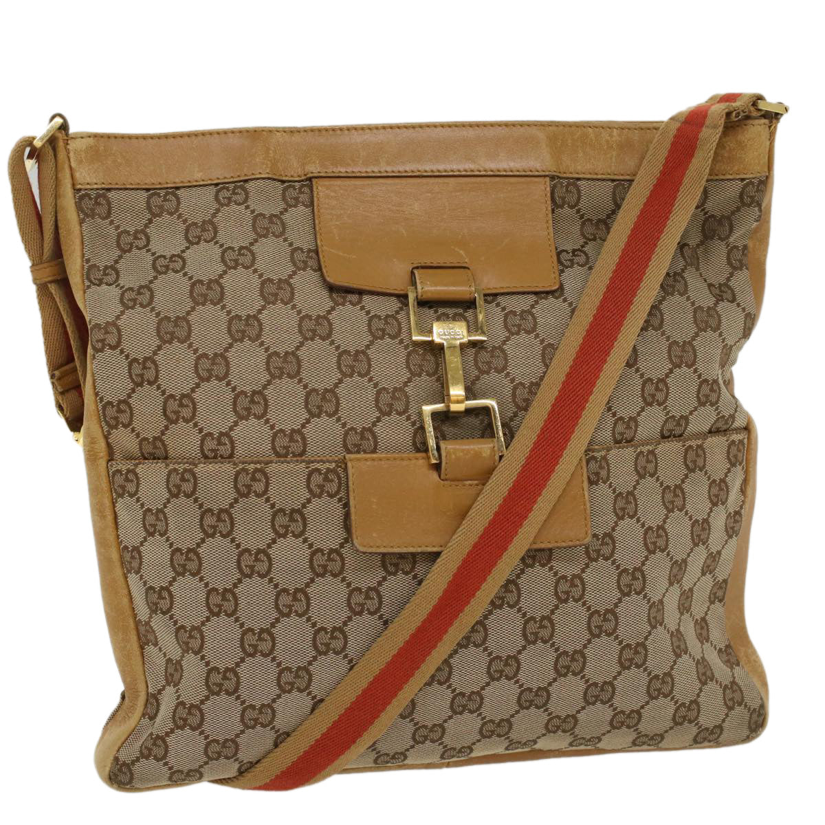 GUCCI GG Canvas Sherry Line Shoulder Bag Beige Red 001 4094 002113 Auth 54327