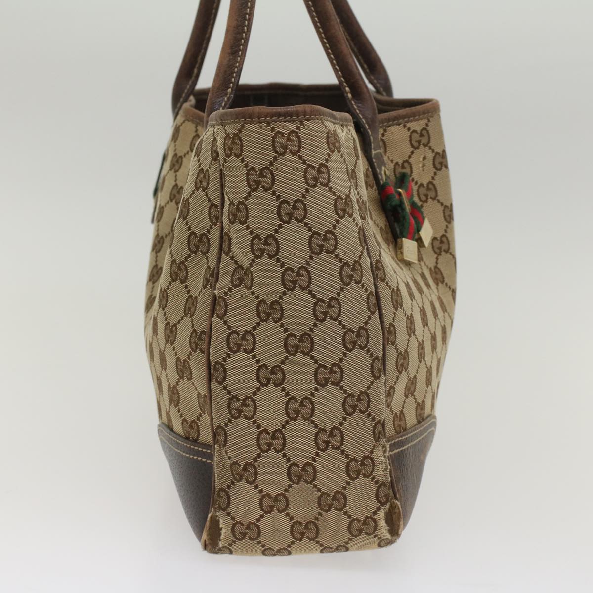 GUCCI GG Canvas Web Sherry Line Tote Bag Beige Red Green 163805 Auth 54330