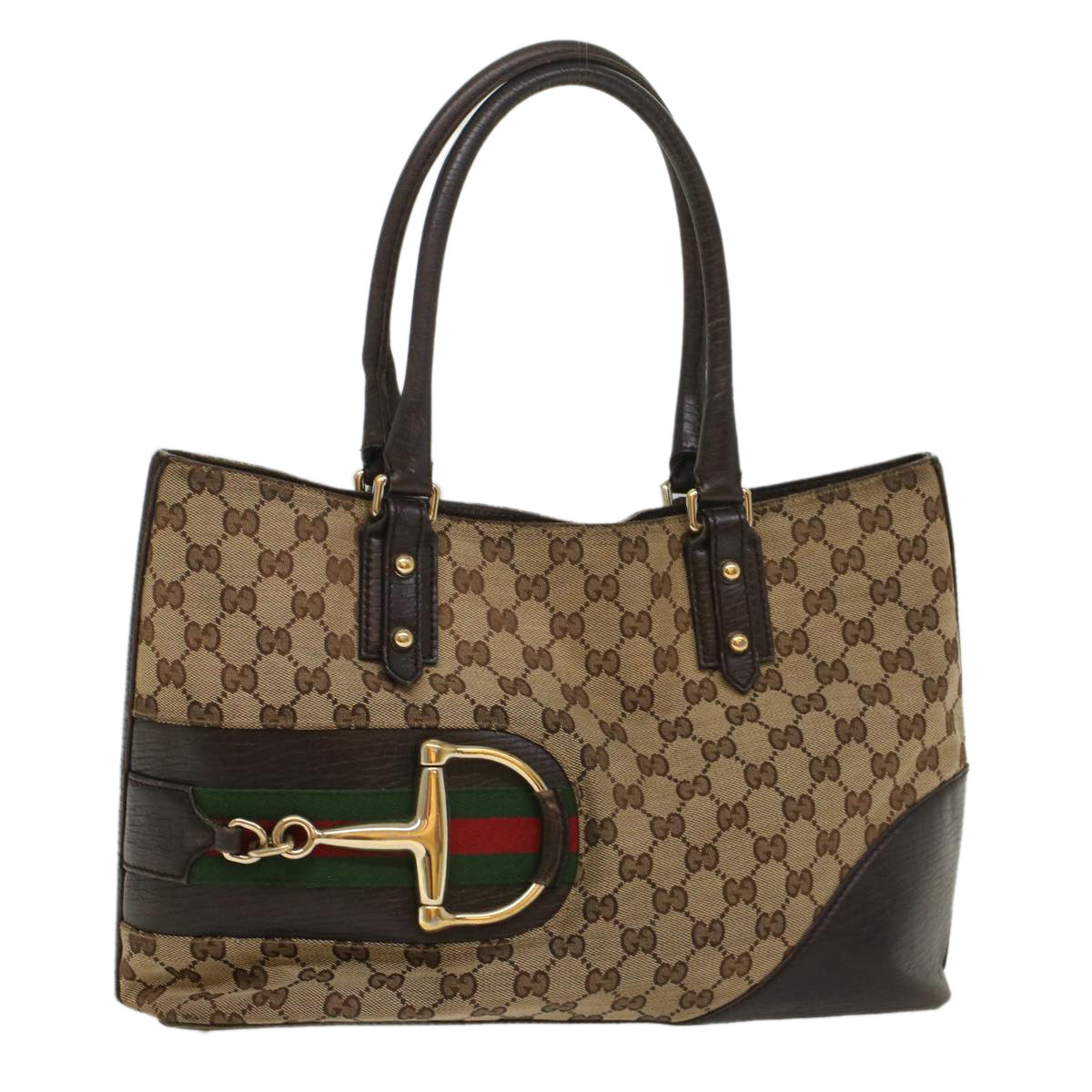 GUCCI GG Canvas Web Sherry Line Tote Bag Beige Red Green 137385 Auth 54334