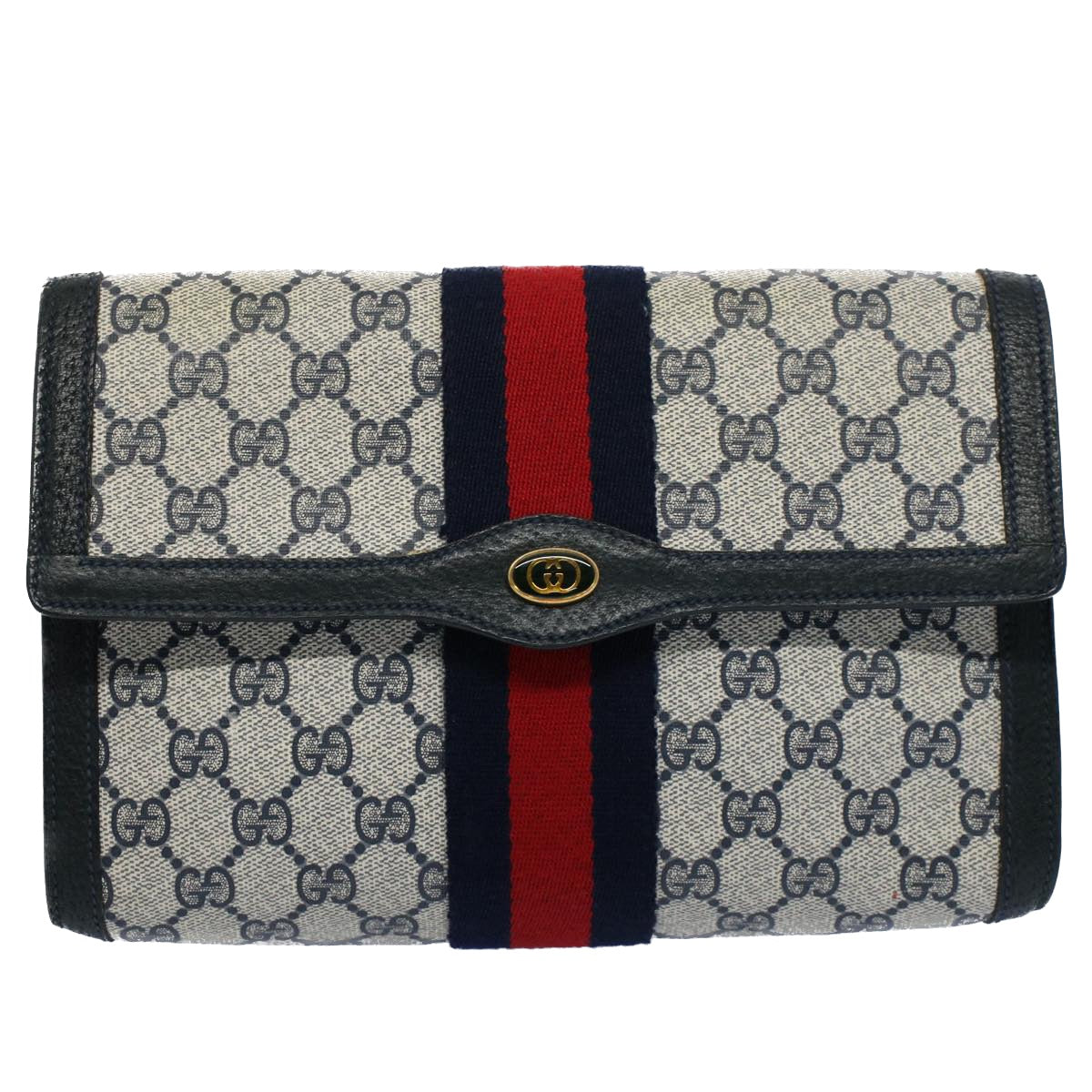 GUCCI GG Supreme Web Sherry Line Clutch Bag Navy Red Auth 54338 - 0