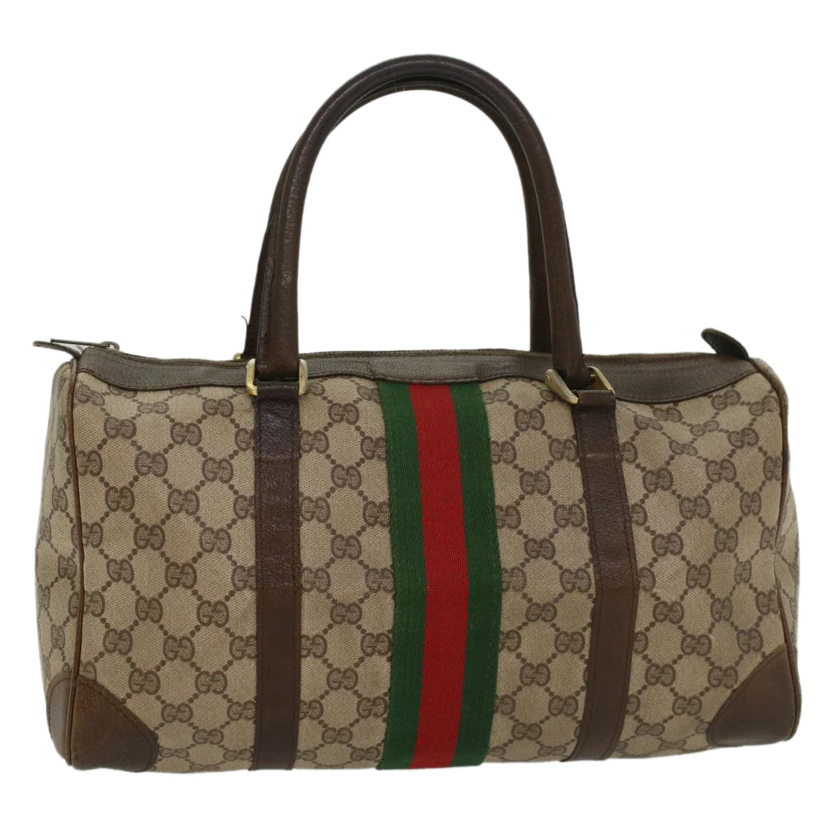 GUCCI GG Supreme Web Sherry Line Hand Bag PVC Leather Beige Red Green Auth 54339