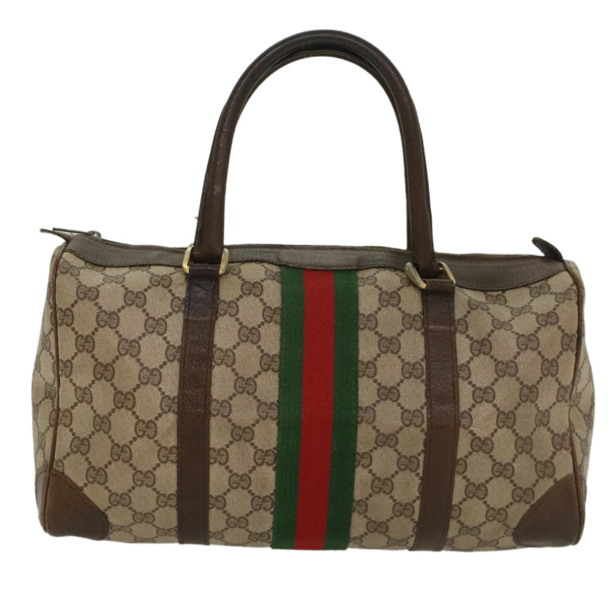 GUCCI GG Supreme Web Sherry Line Hand Bag PVC Leather Beige Red Green Auth 54339