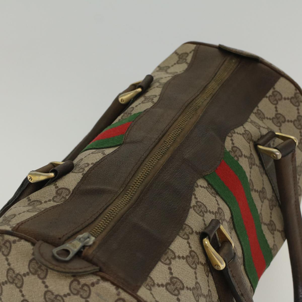 GUCCI GG Supreme Web Sherry Line Hand Bag PVC Leather Beige Red Green Auth 54339