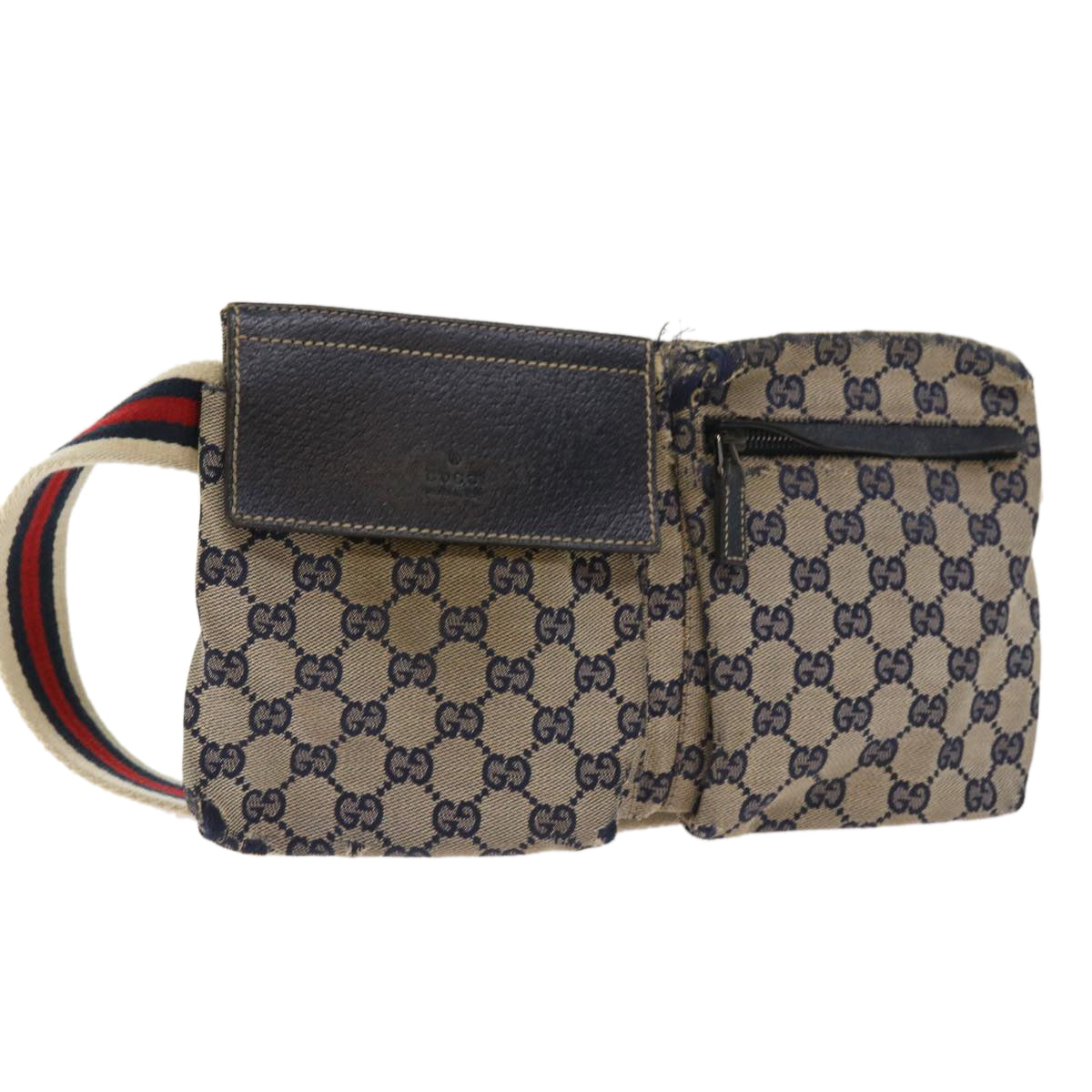 GUCCI GG Canvas Shoulder Bag Leather Gray Navy Red Auth 54355