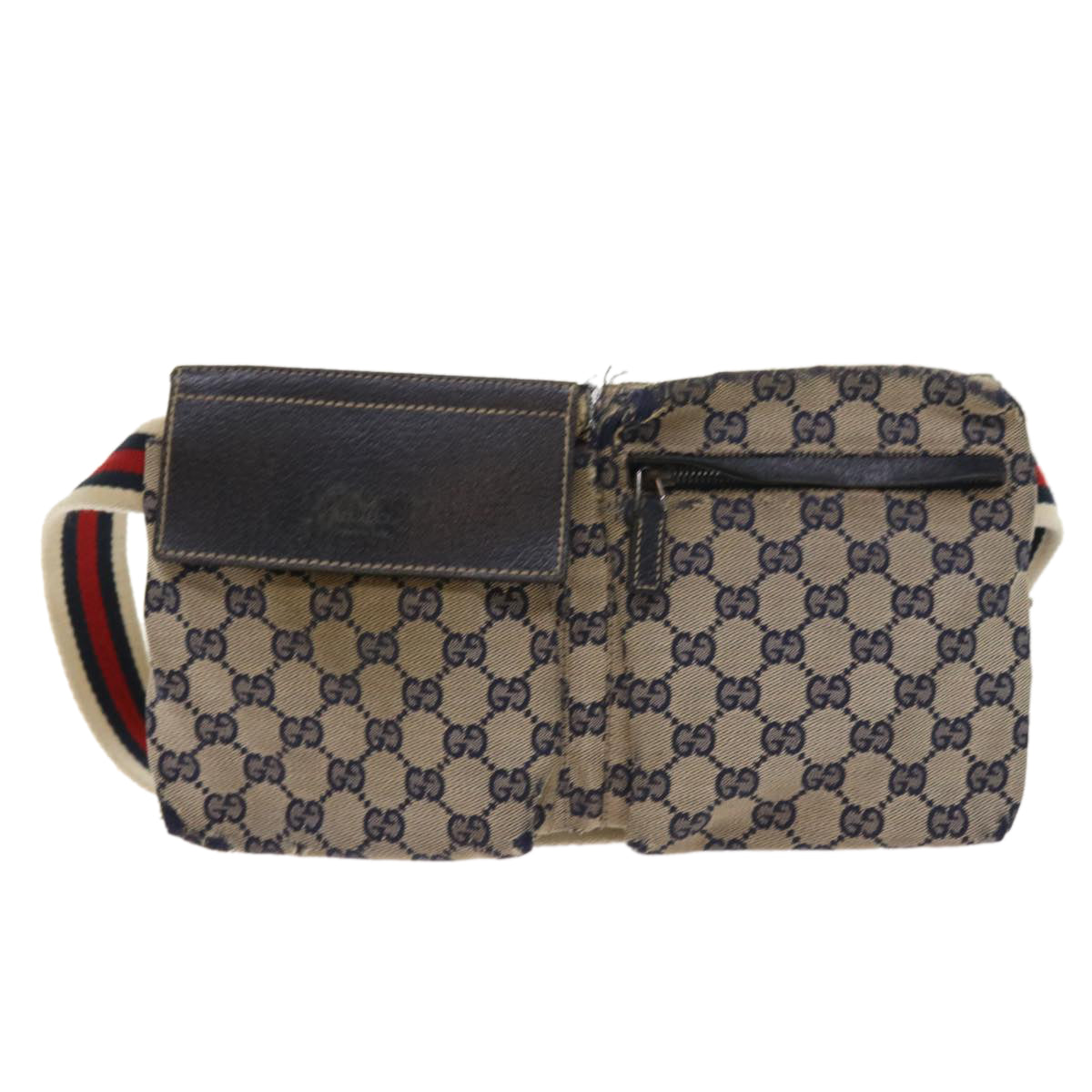 GUCCI GG Canvas Shoulder Bag Leather Gray Navy Red Auth 54355