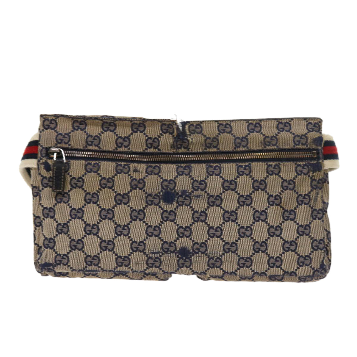 GUCCI GG Canvas Shoulder Bag Leather Gray Navy Red Auth 54355