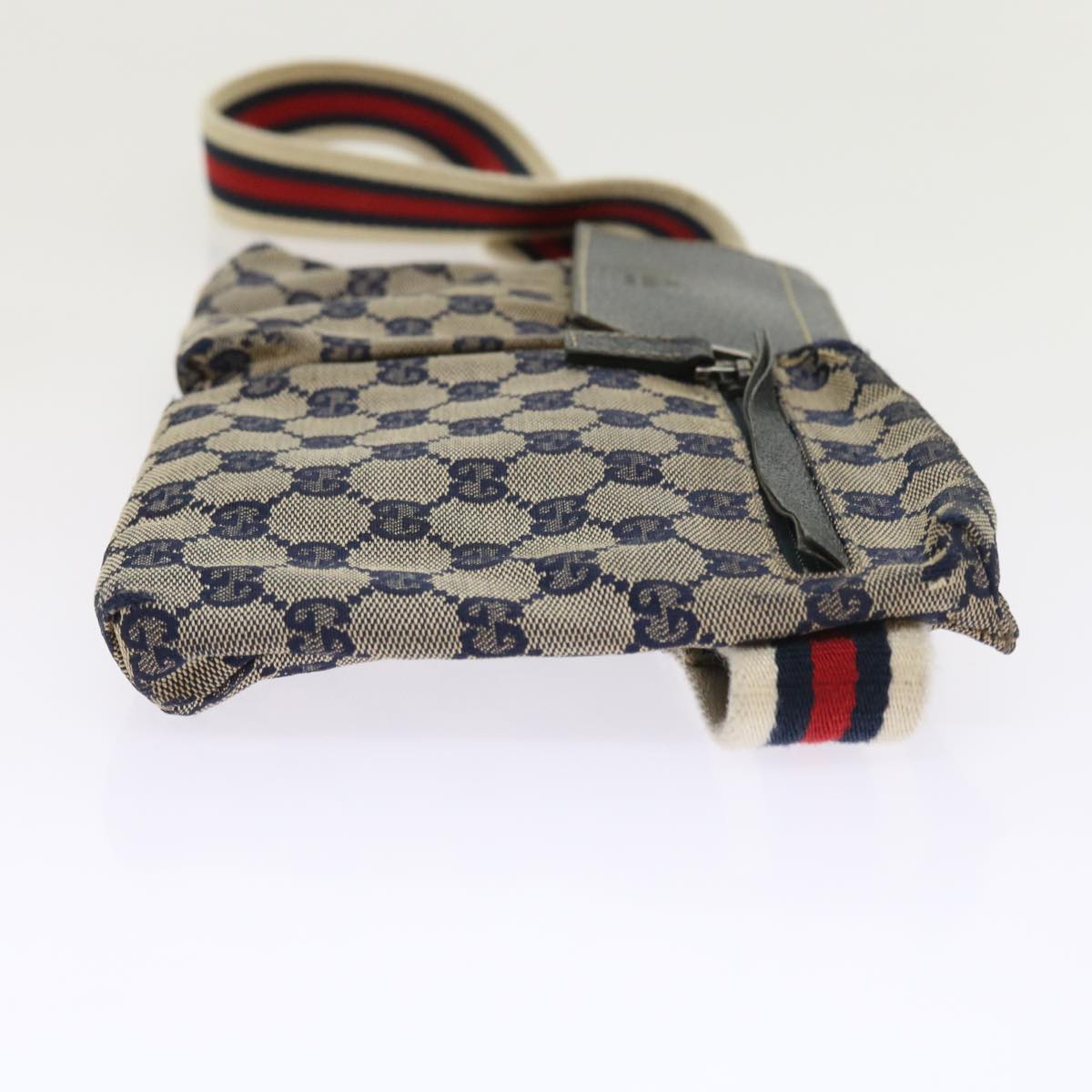 GUCCI GG Canvas Shoulder Bag Leather Gray Navy Red Auth 54355