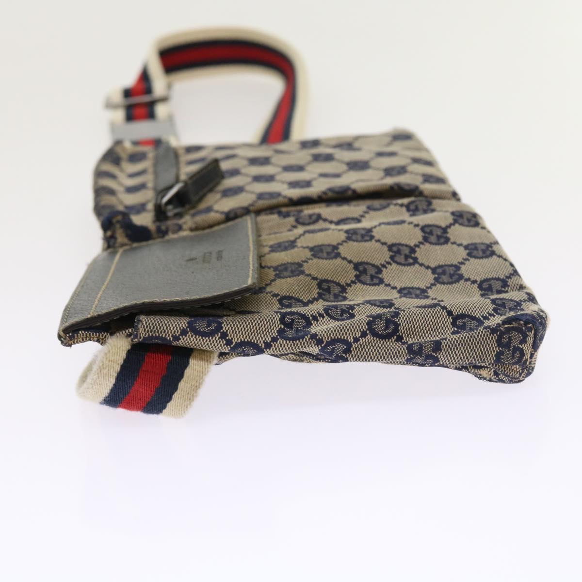 GUCCI GG Canvas Shoulder Bag Leather Gray Navy Red Auth 54355