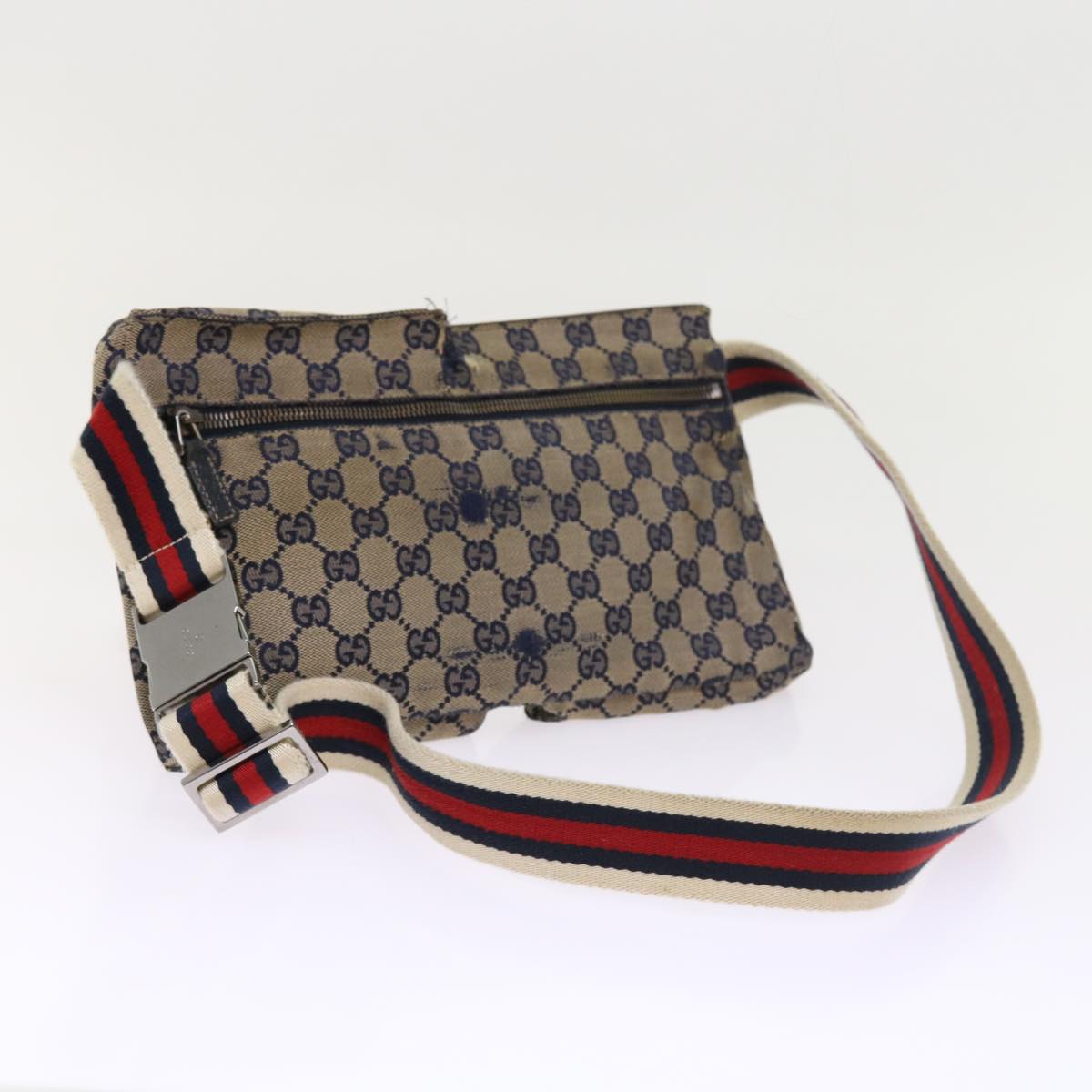 GUCCI GG Canvas Shoulder Bag Leather Gray Navy Red Auth 54355