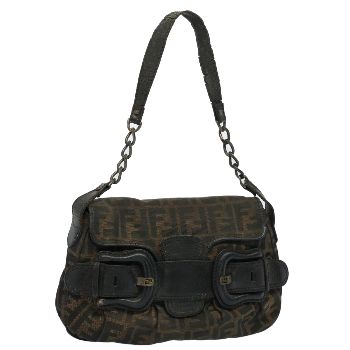 FENDI Shoulder Bag Zucca Canvas Brown Black Auth 54362