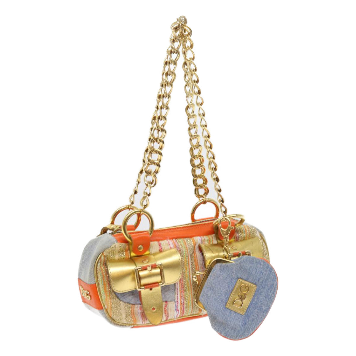 DOLCE&GABBANA Chain Shoulder Bag Canvas Leather Orange Gold Auth 54366