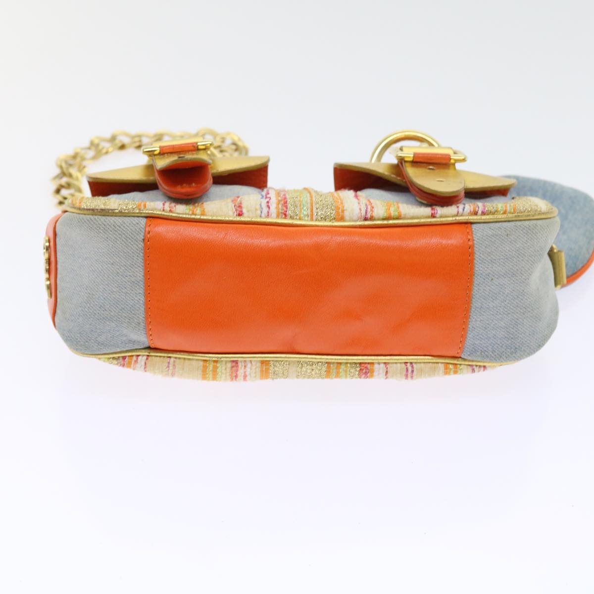 DOLCE&GABBANA Chain Shoulder Bag Canvas Leather Orange Gold Auth 54366