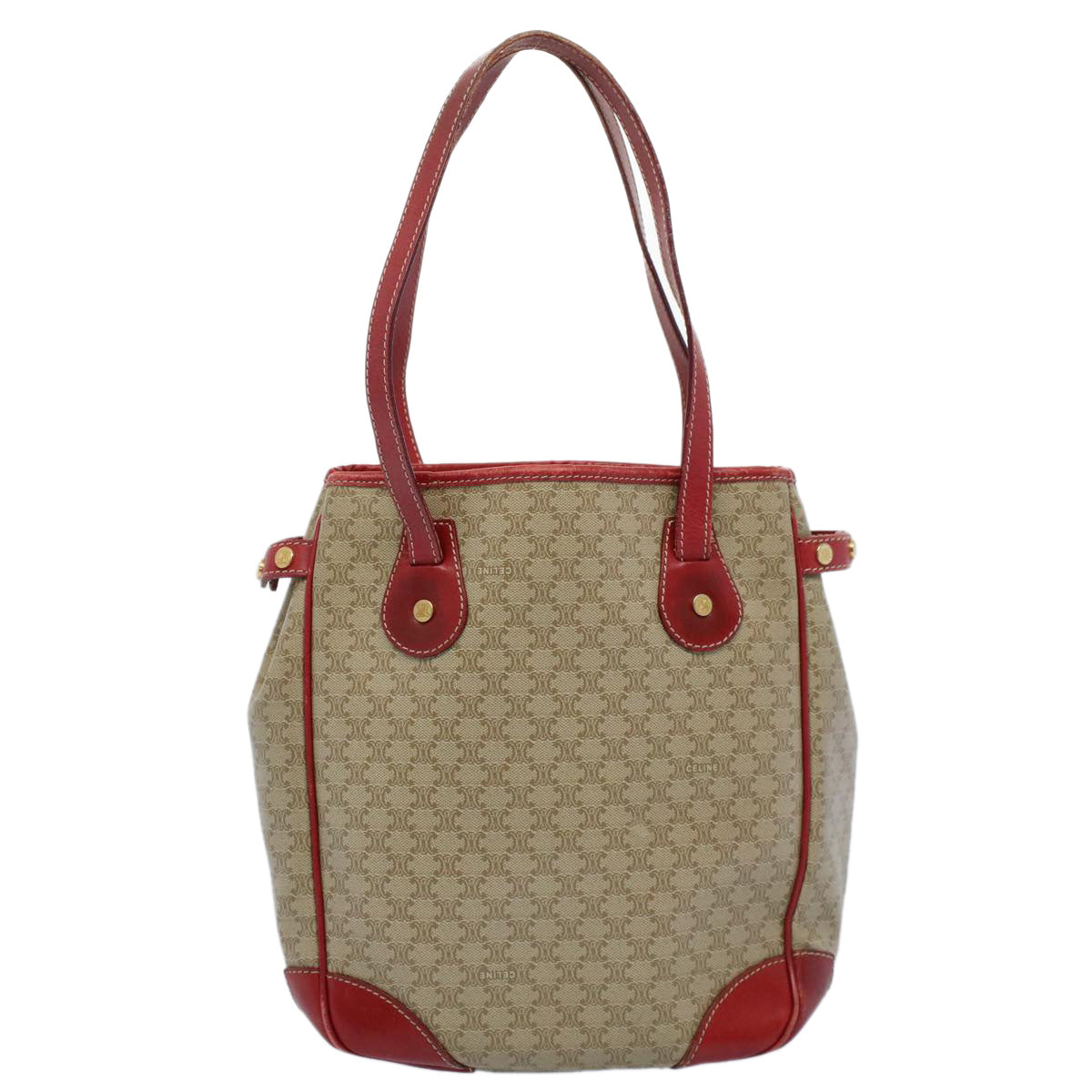 CELINE Tote Bag Macadam Canvas Beige Red Auth 54368