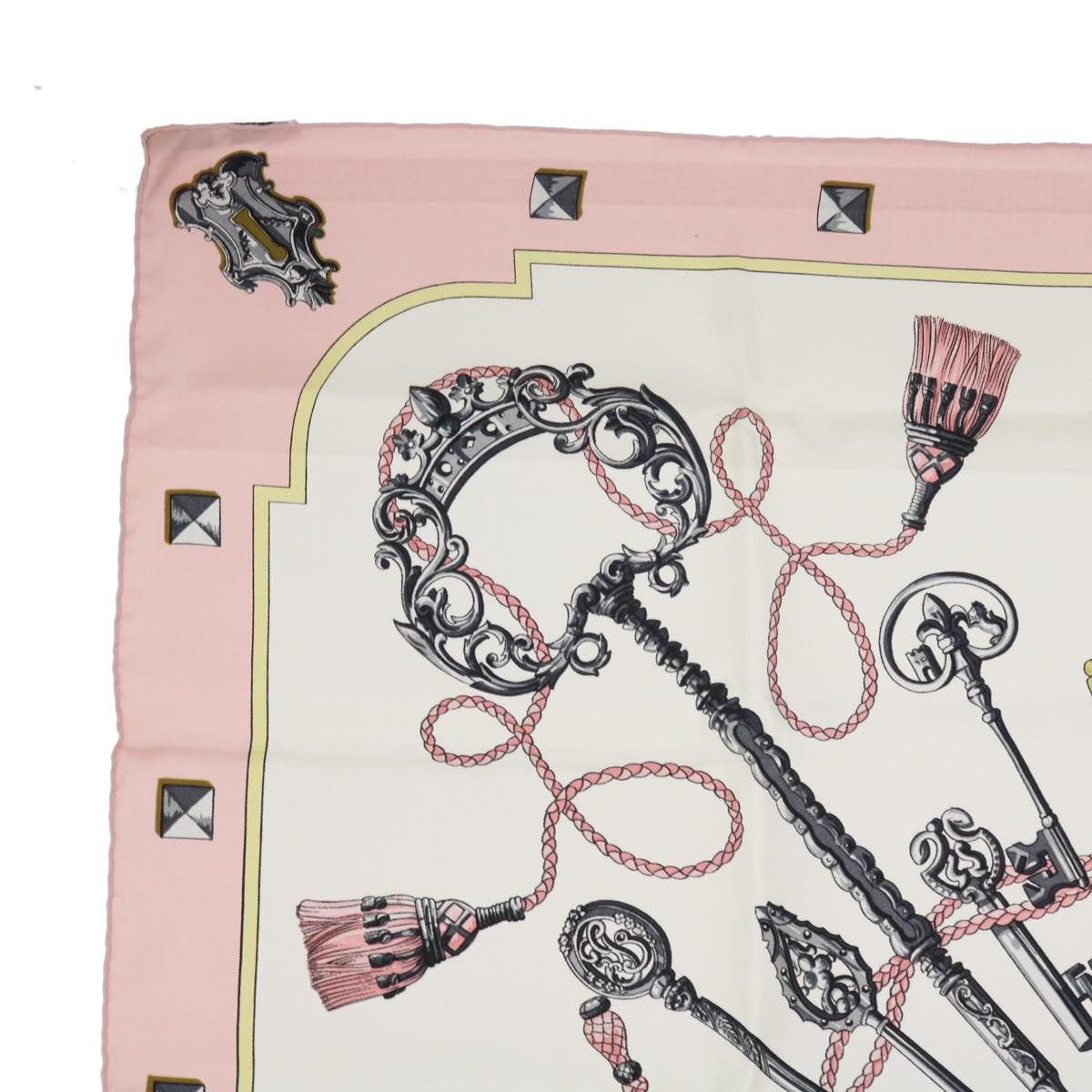 HERMES Carre 90 LES CLES Scarf Silk Pink White Auth 54380