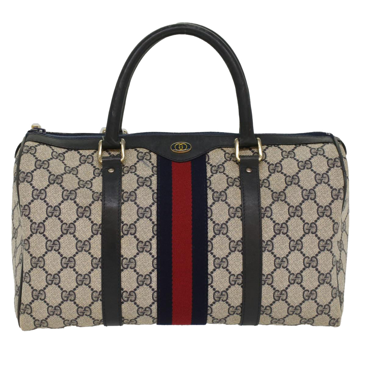 GUCCI GG Canvas Sherry Line Boston Bag Gray Red Navy Auth 54384