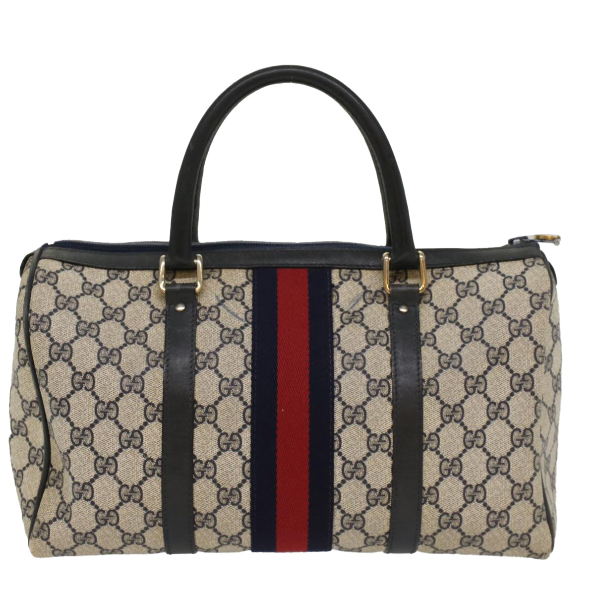 GUCCI GG Canvas Sherry Line Boston Bag Gray Red Navy Auth 54384