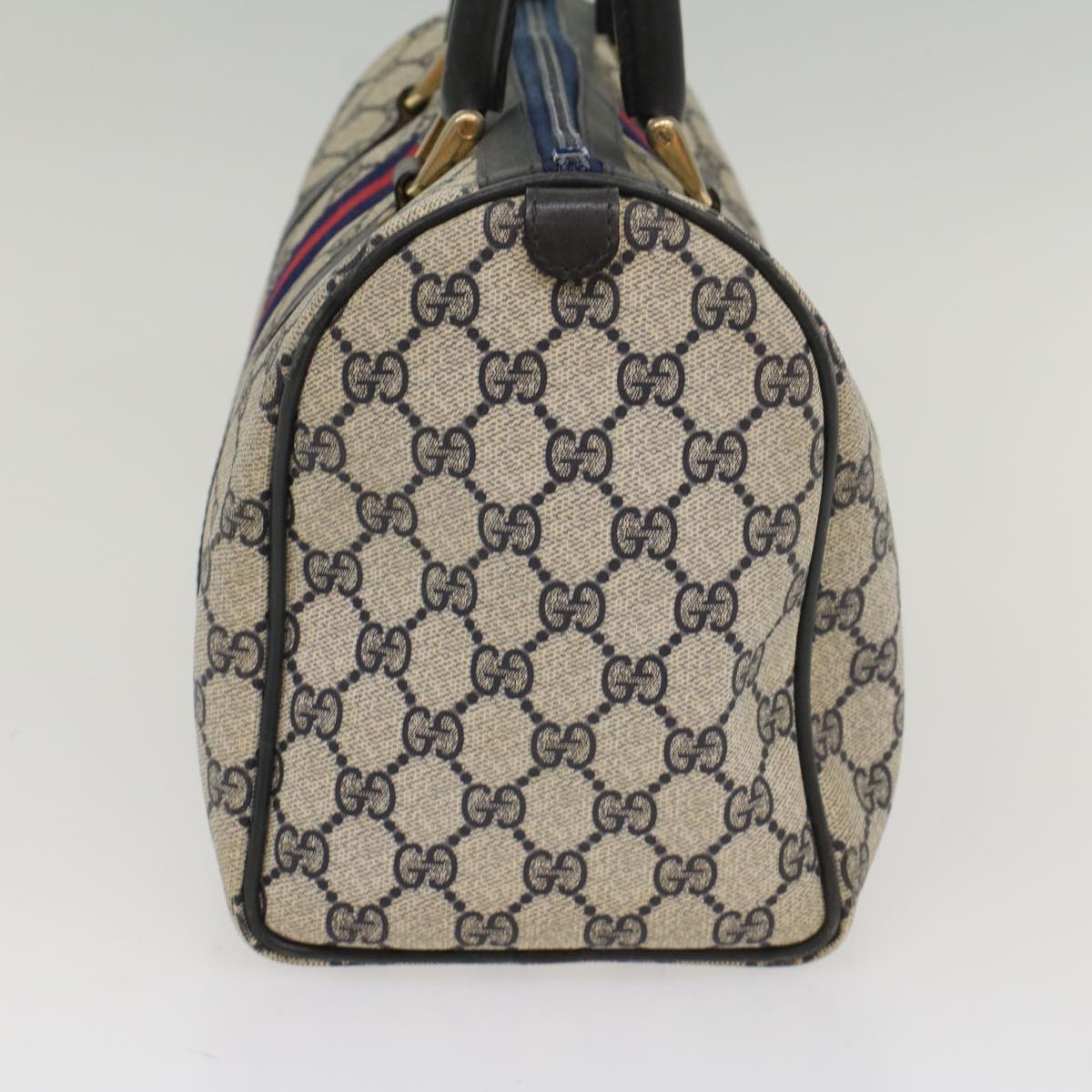 GUCCI GG Canvas Sherry Line Boston Bag Gray Red Navy Auth 54384