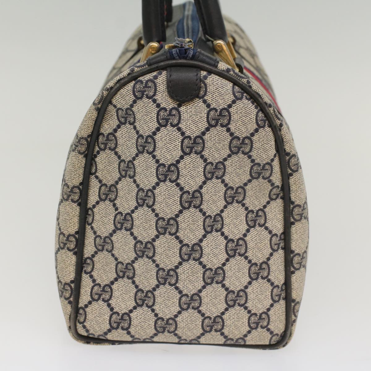 GUCCI GG Canvas Sherry Line Boston Bag Gray Red Navy Auth 54384