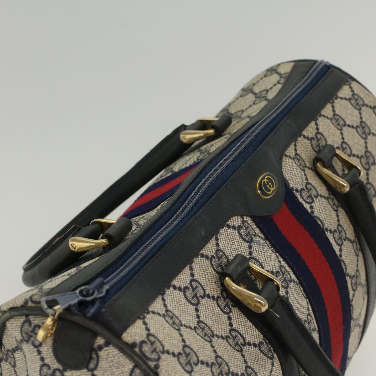 GUCCI GG Canvas Sherry Line Boston Bag Gray Red Navy Auth 54384