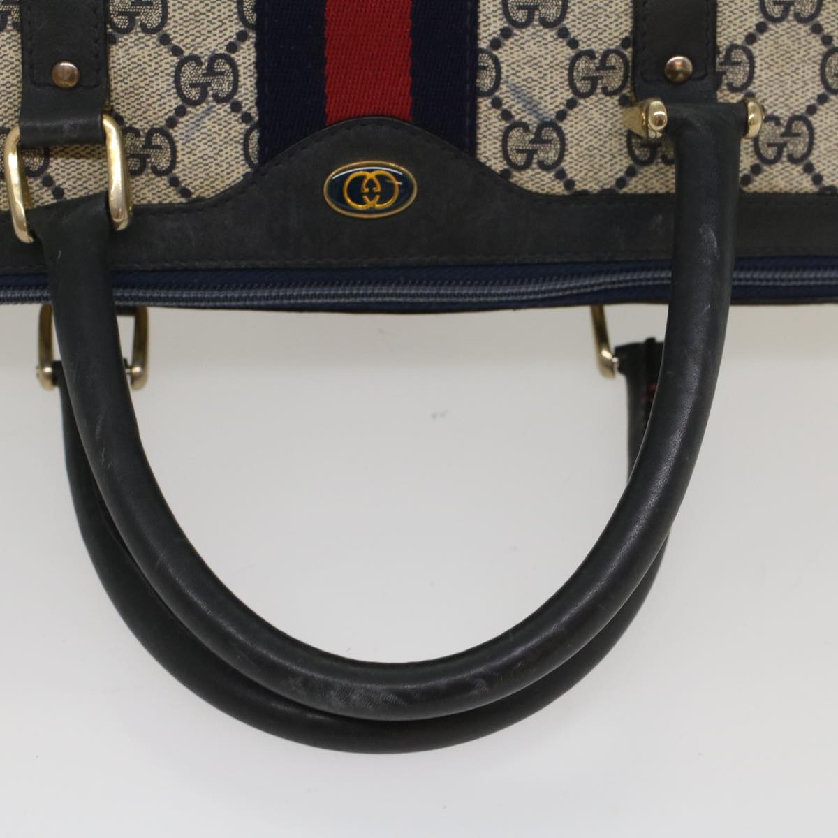 GUCCI GG Canvas Sherry Line Boston Bag Gray Red Navy Auth 54384