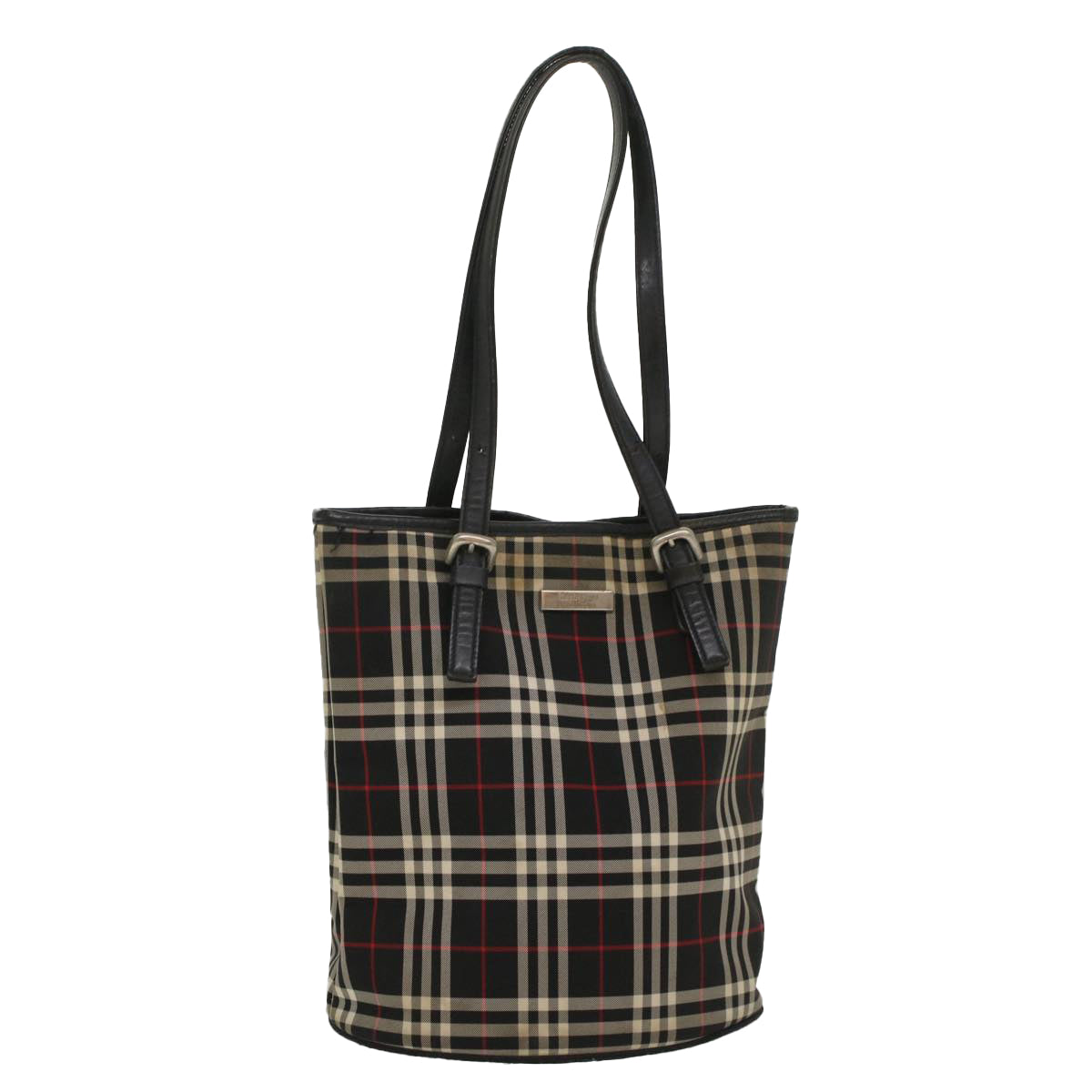 BURBERRY Nova Check Tote Bag Canvas Leather Black Red Auth 54386