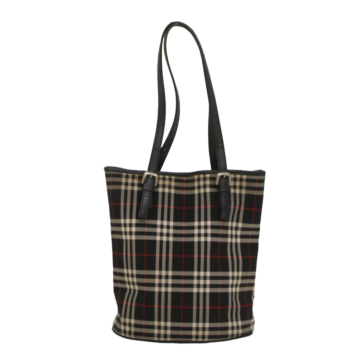 BURBERRY Nova Check Tote Bag Canvas Leather Black Red Auth 54386