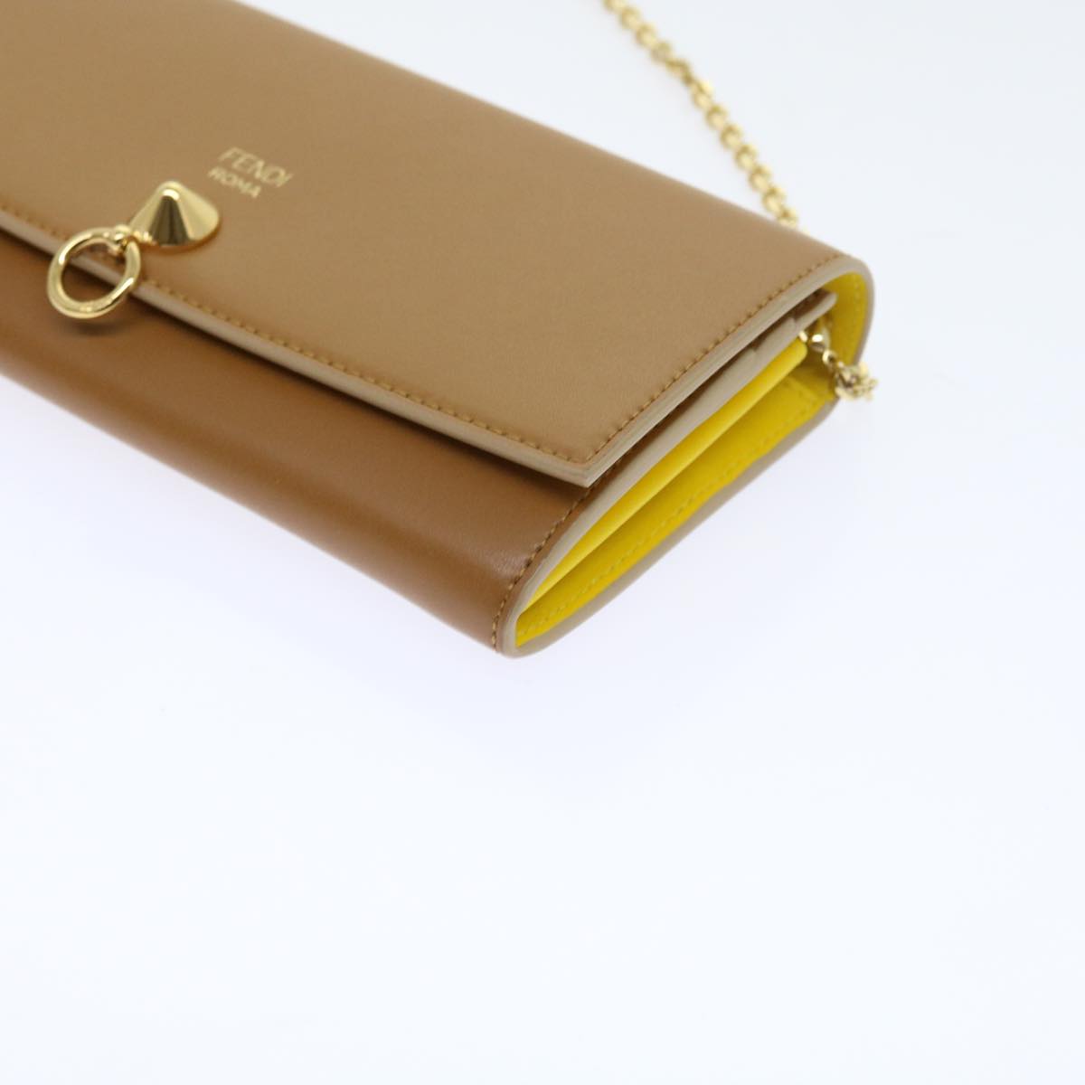 FENDI Chain Shoulder Long Wallet Leather Yellow Brown Auth 54537