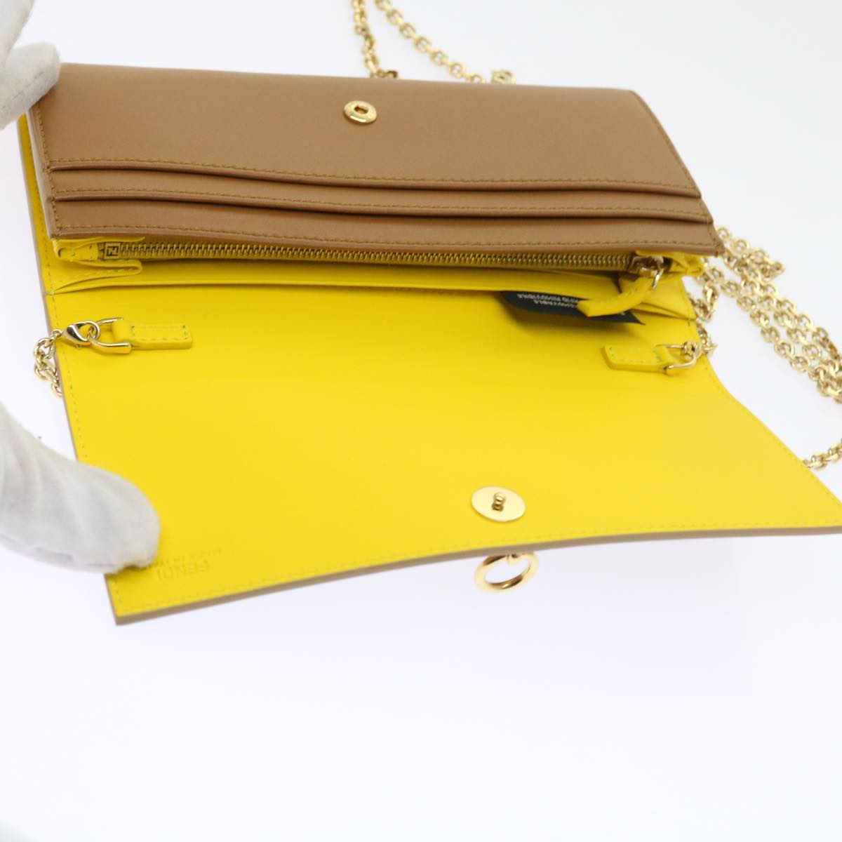 FENDI Chain Shoulder Long Wallet Leather Yellow Brown Auth 54537