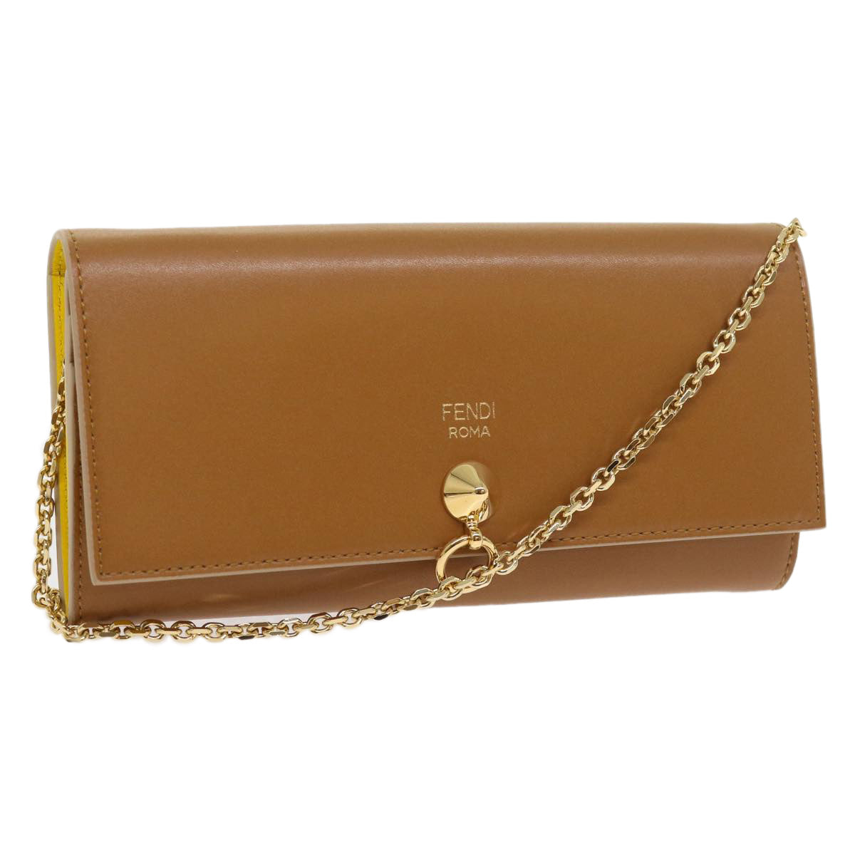 FENDI Chain Shoulder Long Wallet Leather Yellow Brown Auth 54537