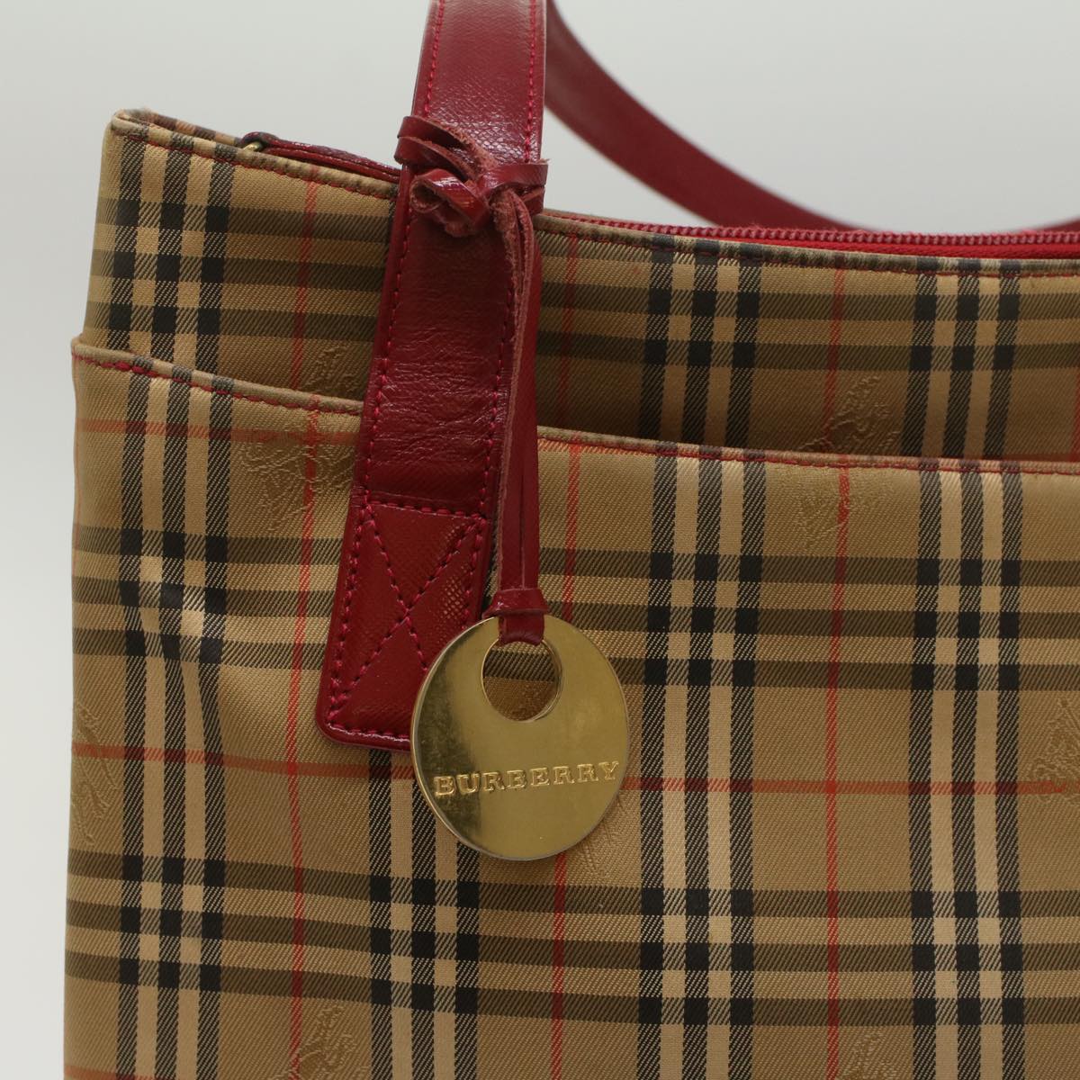 BURBERRY Nova Check Tote Bag Nylon Leather Beige Red Auth 54684