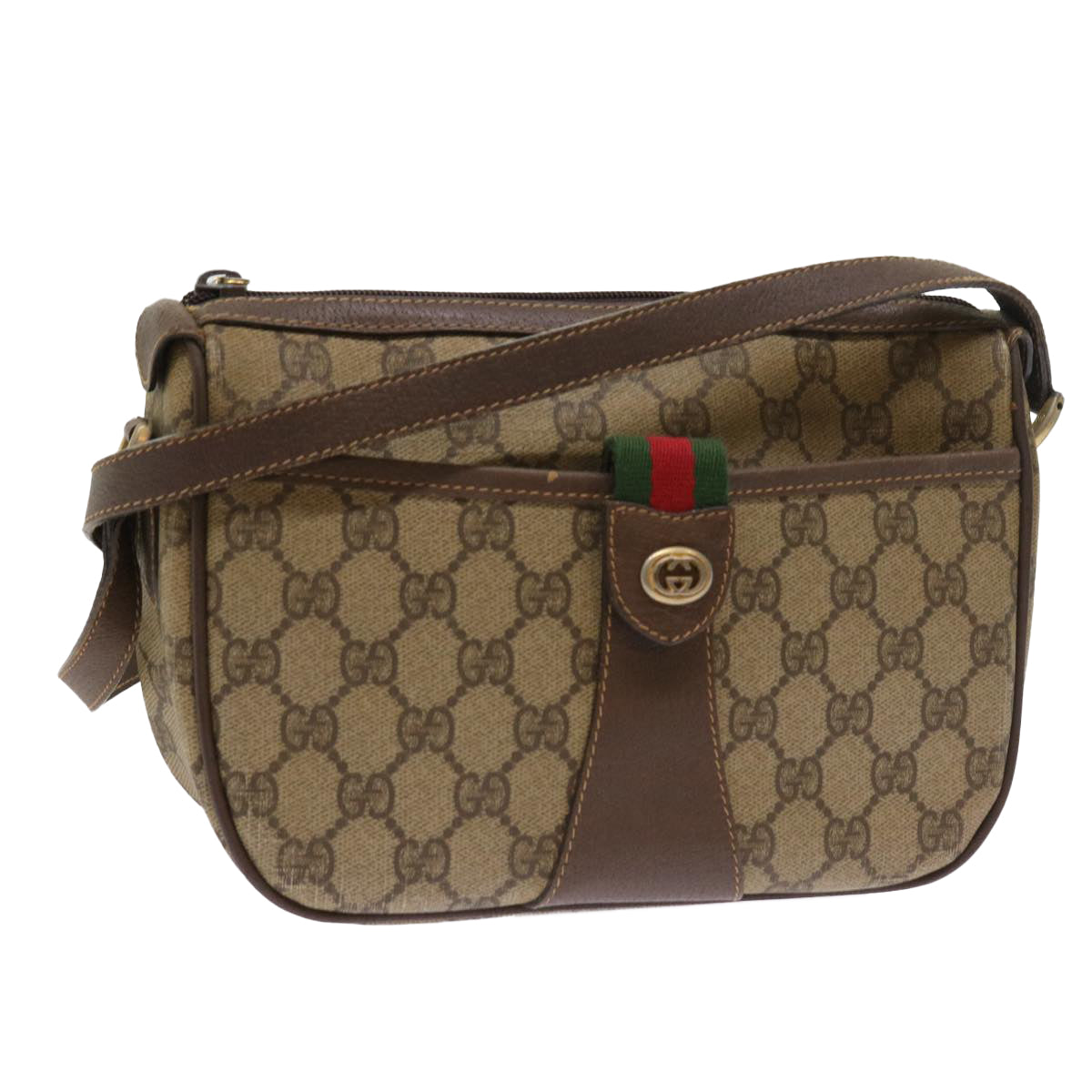 GUCCI GG Supreme Web Sherry Line Shoulder Bag Beige Red 89 02 032 Auth 54689