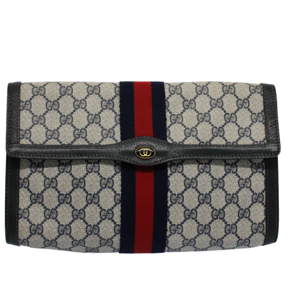 GUCCI GG Canvas Sherry Line Clutch Bag Gray Red Navy 41 014 3087 30 Auth 54692