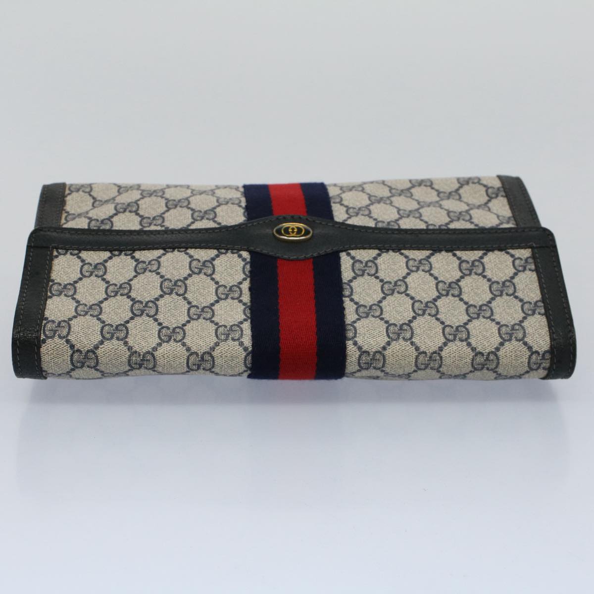 GUCCI GG Canvas Sherry Line Clutch Bag Gray Red Navy 41 014 3087 30 Auth 54692