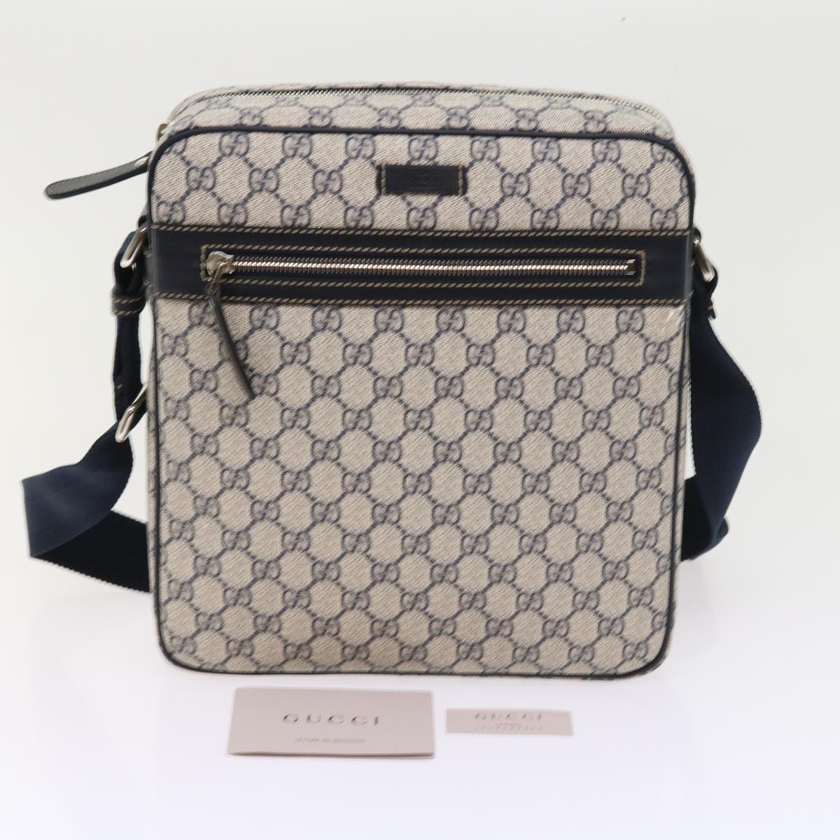 GUCCI GG Supreme Shoulder Bag PVC Leather Gray Navy 201448 Auth 54703